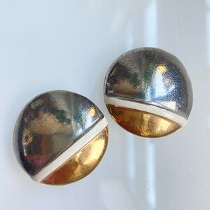Vintage Ceramic Gold Silver White Round Clip On Earrings 1.5"
